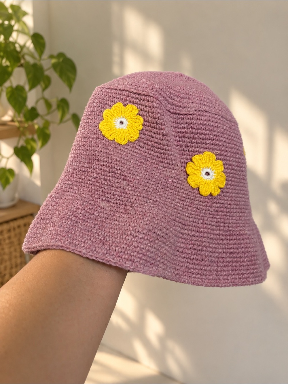 Handmade Crochet Bucket Hat Pink with Yellow Daisy Flowers